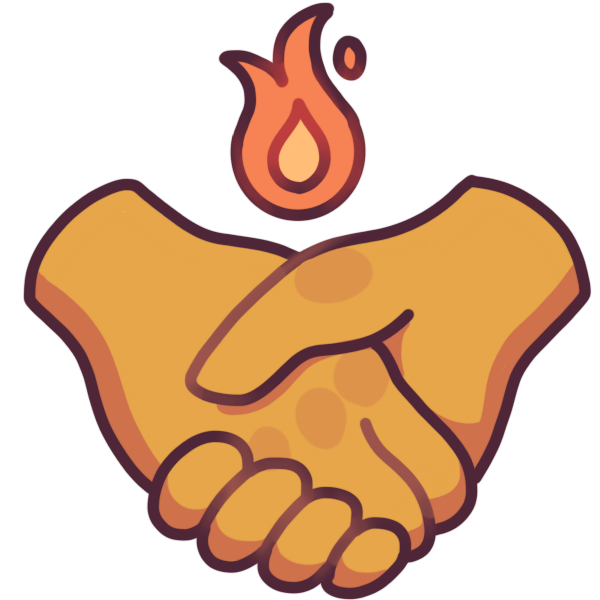 two clasped hands with an orange flame above them.